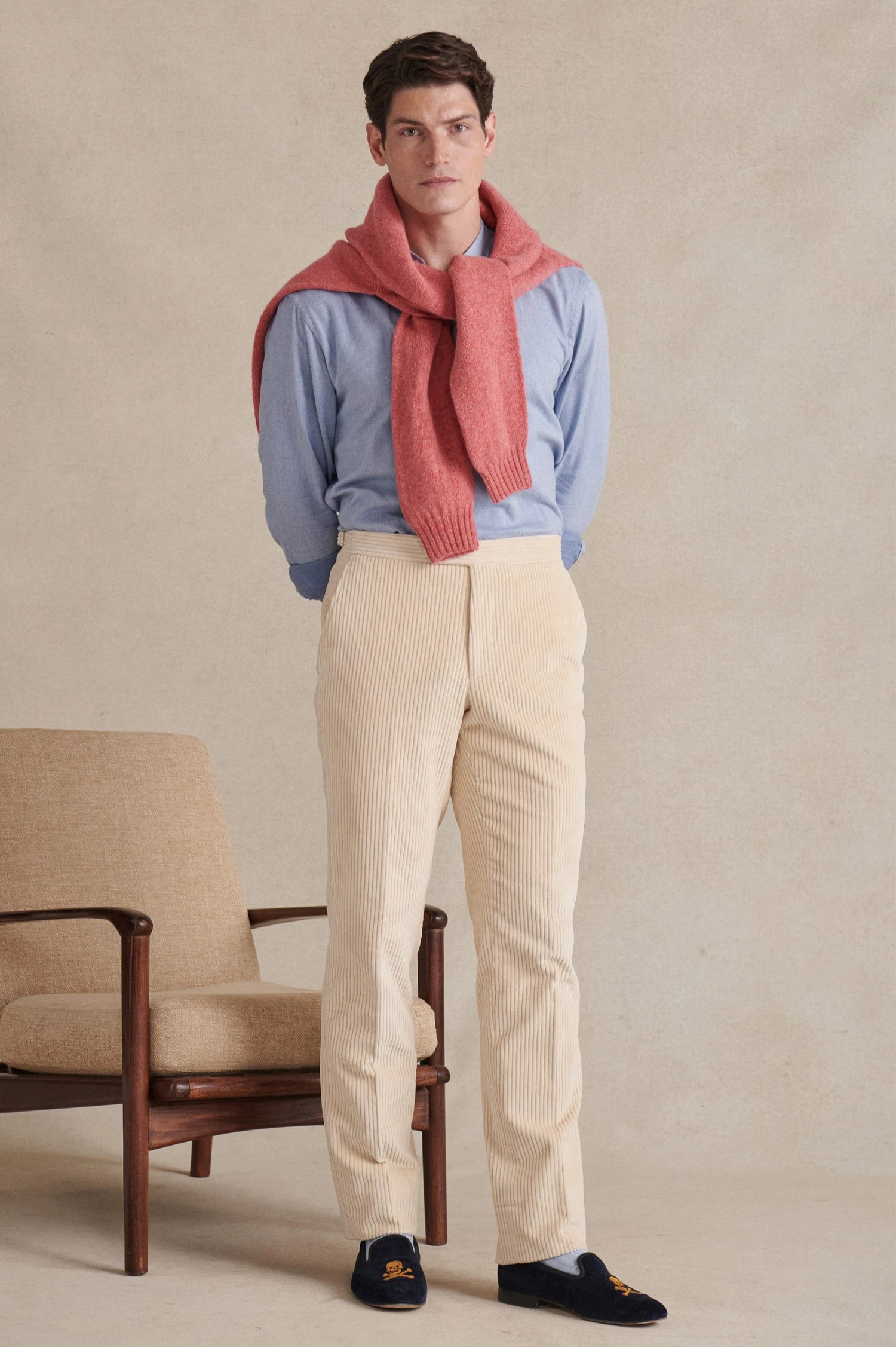 Cream Flat Front 5 Wale Corduroy Trousers 2 Cream Flat Front 5 Wale Corduroy Trousers - Image 2