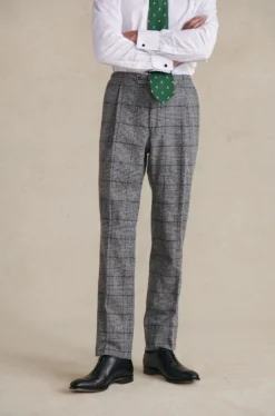 Black & White Check Single Pleat Wool Trousers
