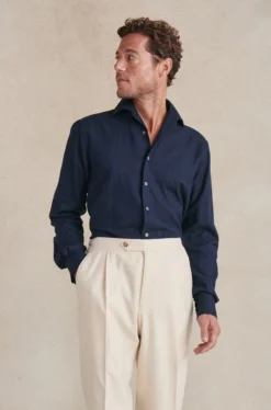 Navy One Piece Collar Herringbone Flannel Standard Fit Shirt