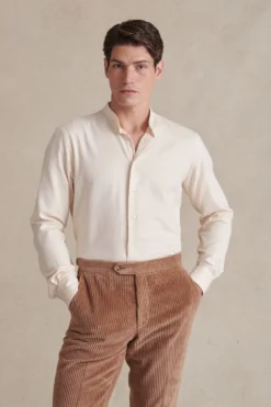 Cream Neckband Collar Standard Fit Flannel Shirt