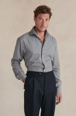 Grey One Piece Collar Herringbone Flannel Standard Fit Shirt