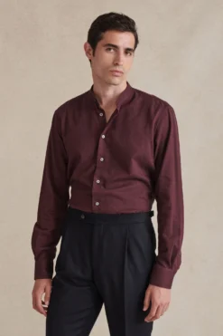 Burgundy Neckband Collar Standard Fit Flannel Shirt