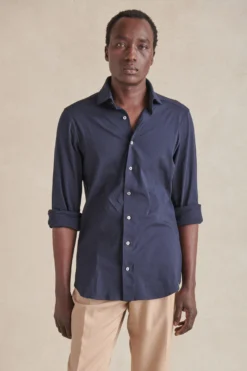 Navy Cutaway Collar Tailored Fit Stretch Shirt