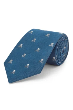 Blue & Cream Skull & Crossbones Silk Tie