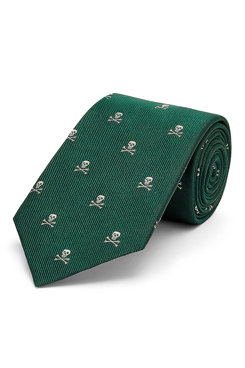 Green & Silver Skull & Crossbones Silk Tie 1 Green & Silver Skull & Crossbones Silk Tie