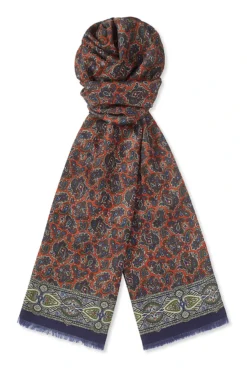 Navy Paisley Pin Fringed Silk Scarf