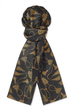 Black Gold Tassels Cashmere-Backed Silk Scarf