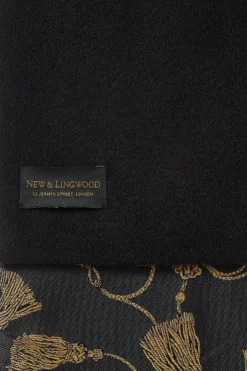 Black Gold Tassels Cashmere-Backed Silk Scarf -Fashion-New and Lingwood 3122547 cashmere silk scarf gold tassels black b