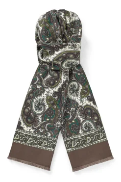 Green & Brown Paisley Pin Fringed Silk Scarf