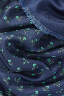 Navy & Blue Skull & Crossbones Silk Scarf -Fashion-New and Lingwood 3122623 skull crossbones scarf blue teal blue 2
