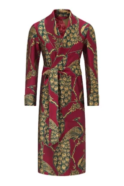 Red & Green Peacock Unlined Silk Dressing Gown -Fashion-New and Lingwood 4022539 peacock unlined silk dressing gown red