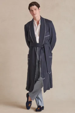 Navy Unlined Linen Dressing Gown -Fashion-New and Lingwood 4022625 plain linen unlined dressing gown 008 scaled