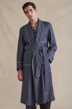 Navy & Cream Skull & Crossbones Unlined Printed Silk Dressing Gown