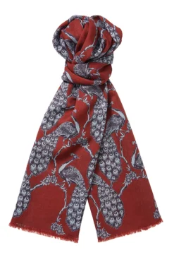 Burgundy & Blue Peacock Wool & Silk Scarf