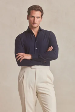 Navy Cutaway Collar Herringbone Flannel Tailored Fit Shirt