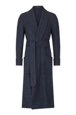 Navy Herringbone Unlined Cashmere Dressing Gown -Fashion-New and Lingwood navy herringbone unlined cashmere dressing gown front