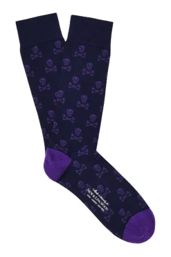 Navy & Purple Skull & Crossbones Mid Calf Cotton Socks