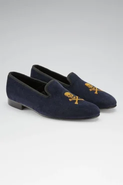 Navy Skull & Crossbones Velvet Slippers 8 Navy Skull & Crossbones Velvet Slippers -Fashion-New and Lingwood navy skull crossbones velvet slippers angle