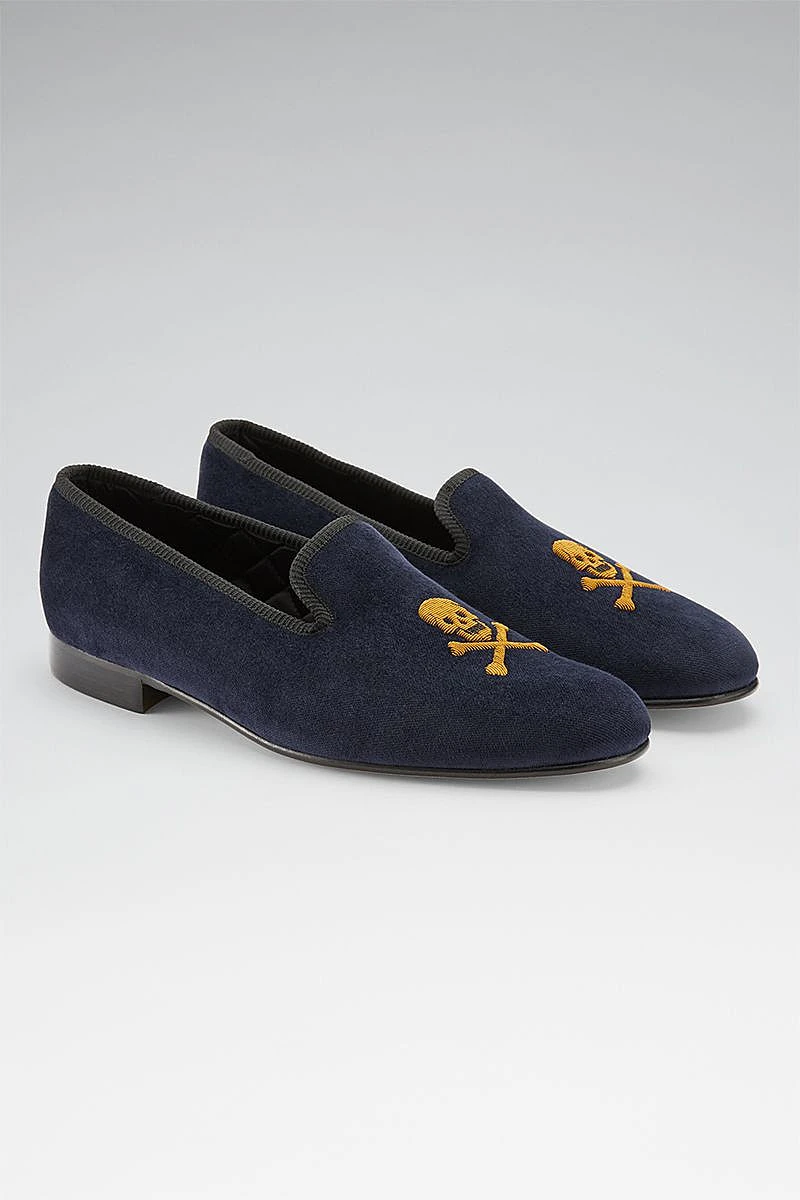 Navy Skull & Crossbones Velvet Slippers 3 Navy Skull & Crossbones Velvet Slippers - Image 3
