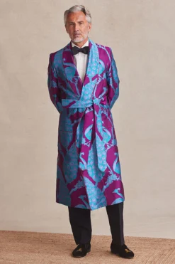 Fuchsia & Turquoise Peacock Unlined Silk Dressing Gown
