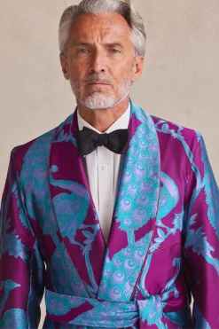 Fuchsia & Turquoise Peacock Unlined Silk Dressing Gown -Fashion-New and Lingwood peacock 0002 layer 37