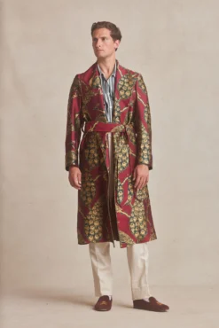 Red & Green Peacock Unlined Silk Dressing Gown -Fashion-New and Lingwood peacock unlined silk dressing gown red 033 scaled