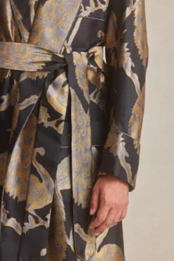 Black & Gold Peacock Unlined Silk Dressing Gown -Fashion-New and Lingwood peacock unlined silk dressing gown black 053 scaled