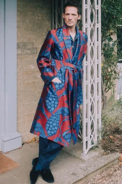 Red & Blue Peacock Unlined Silk Dressing Gown -Fashion-New and Lingwood red blue peacock unlined silk dg