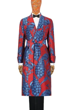 Red & Blue Peacock Unlined Silk Dressing Gown -Fashion-New and Lingwood red peacock unlined silk dressing gown