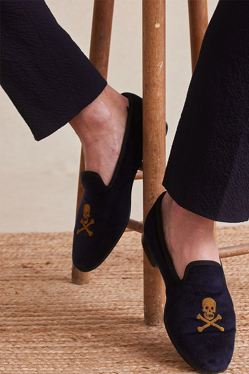 Navy Skull & Crossbones Velvet Slippers 2 Navy Skull & Crossbones Velvet Slippers - Image 2