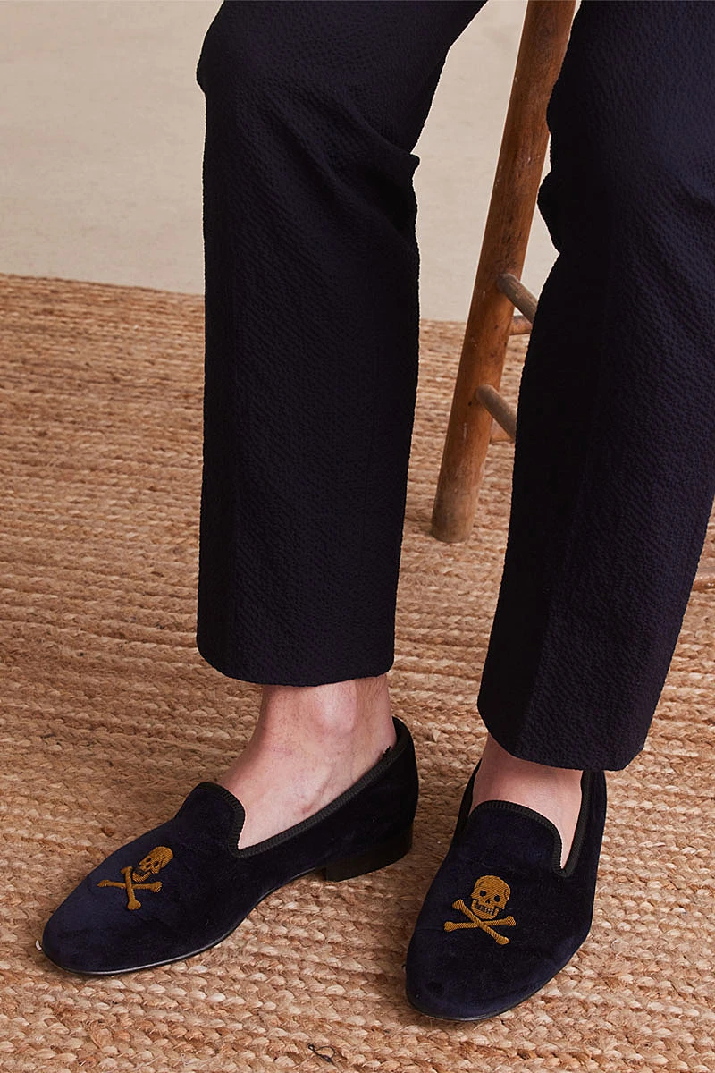 Navy Skull & Crossbones Velvet Slippers 1 Navy Skull & Crossbones Velvet Slippers