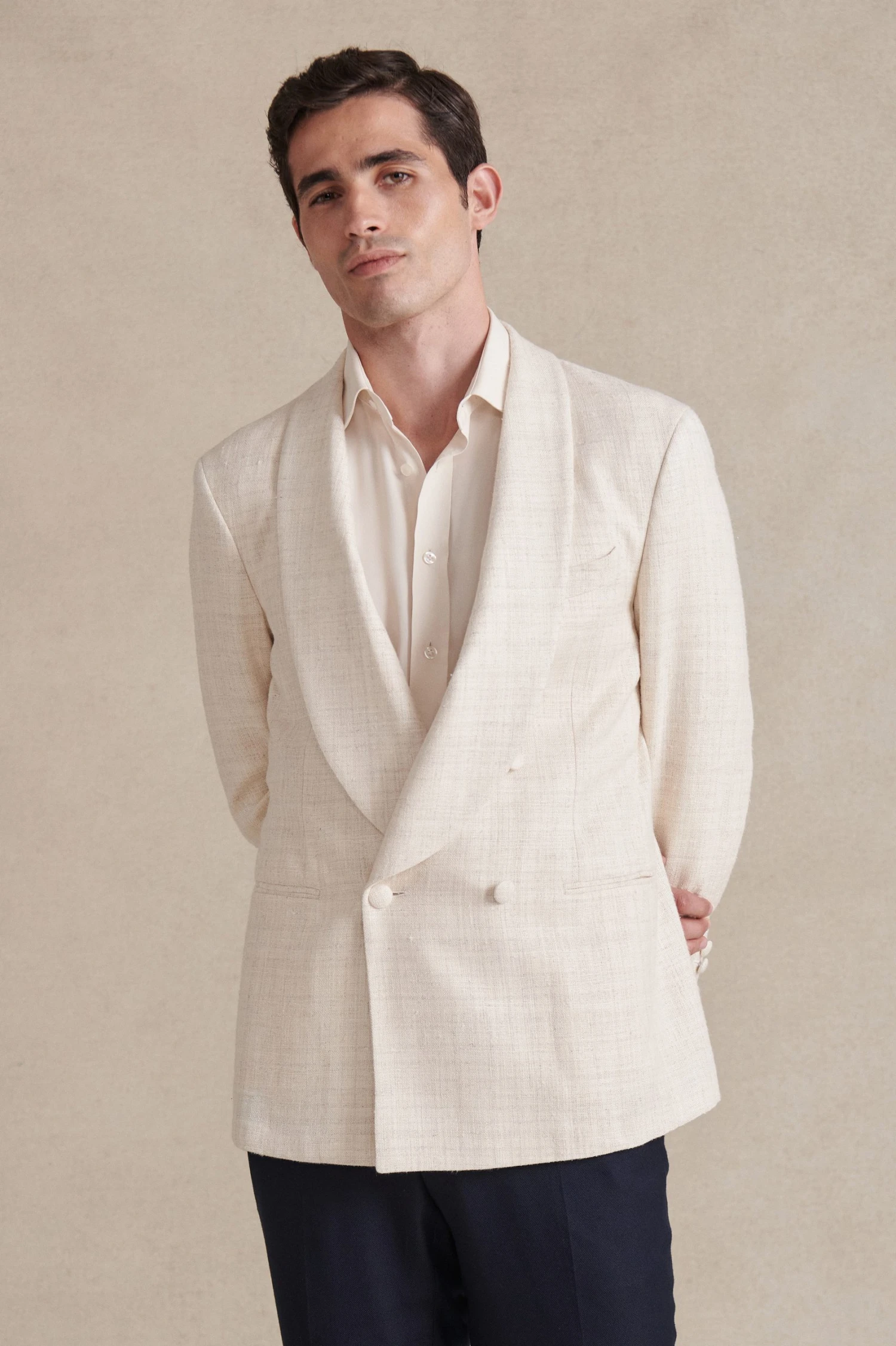 Cream Shawl Collar Double Breasted Evening Jacket 1 Cream Shawl Collar Double Breasted Evening Jacket