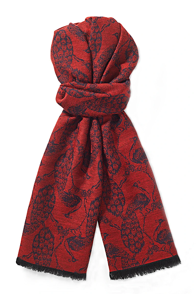 Red Peacock Wool & Silk Scarf